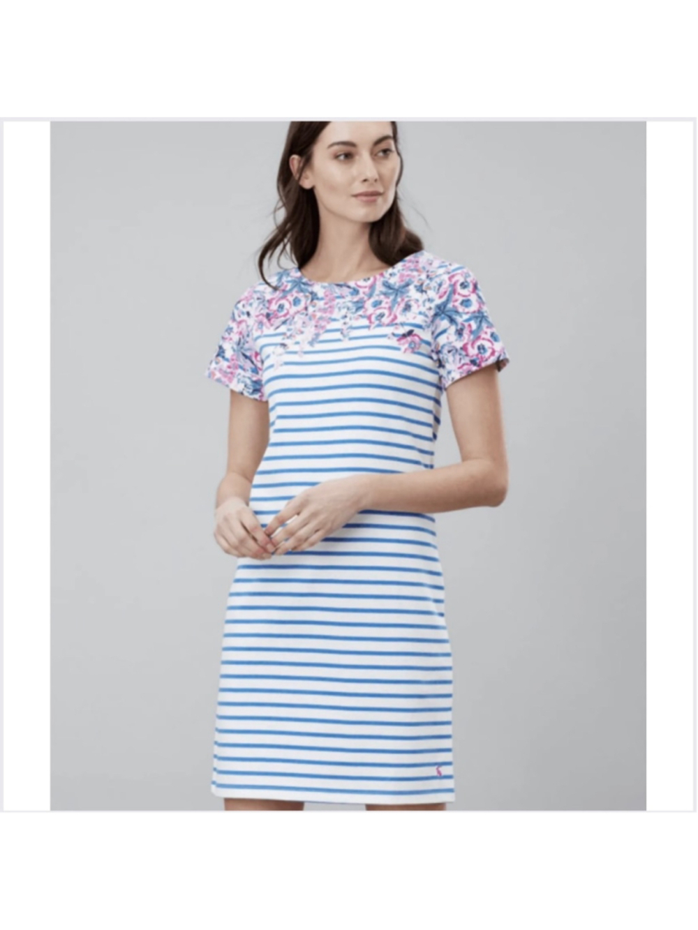 Women's Joules Riviera Striped Floral Mini T-shirt Dress, Size 4, White and Blue